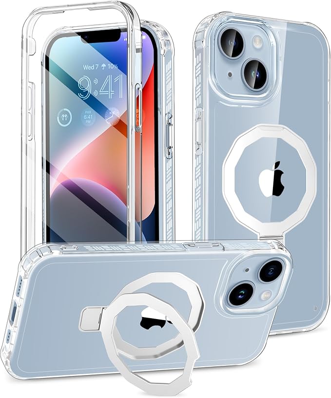 Compatible with iPhone 14 Plus Case, Built-in Screen Protector & Seamless Stand, with Camera Lens Protector, Strong Magnetic Clear Phone Case, Full Body Protective Cover for 6.7" (Clear)