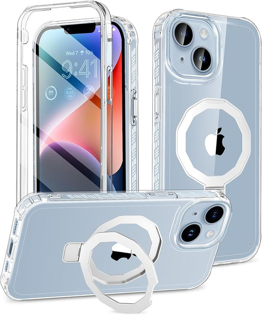 Compatible with iPhone 14 Case, Built-in Screen Protector & Seamless Stand, with Camera Lens Protector, Strong Magnetic Clear Phone Case, Full Body Protective Cover for 6.1" (Clear)