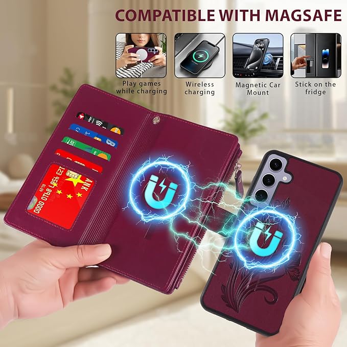 Lacass for Samsung Galaxy S24 Case Wallet,Compatible with MagSafe 2 in 1 Magnetic Detachable PU Leather RFID Blocking Wallet Cover Card Holder Zipper Wrist Strap Lanyard,Floral Wine Red