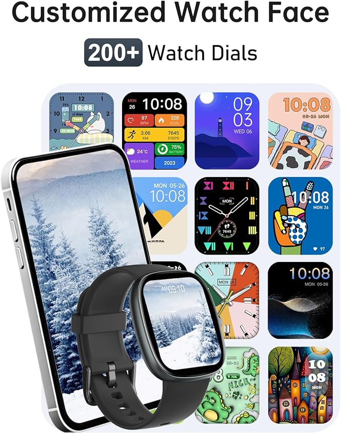 HUAKUA Smart Watches for Women Men (Answer/Make Calls), 1,85" HD Smart Watch for iPhone/Android Phones, Fitness Tracker with 100+ Sport Heart Rate/Sleep Monitor Pedometer IP68 Waterproof (Black)