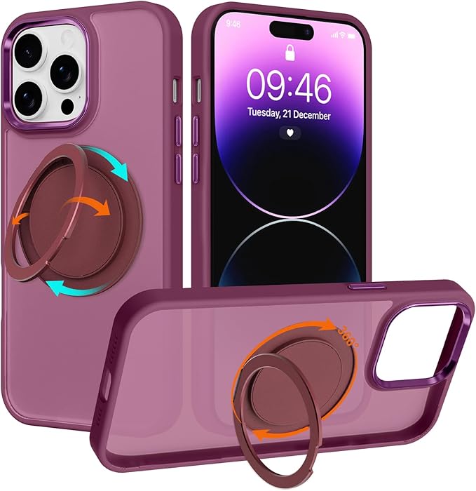 ZIYE Wine Red Case for iPhone 14 Pro Case with Stand [Compatible with MagSafe] Slim Heavy Duty Protection Military Grade Shockproof Magnetic Cover with 360 Rotatable Ring Kickstand for Women Men