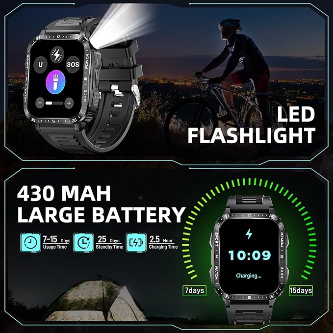 Military Smart Watches for Men (Make/Answer Call) with LED Flashlight 1.96" Big Screen 430mAh Fitness Tracker with Sport Modes Heart Rate Monitor Rugged Smartwatch for iPhone Android