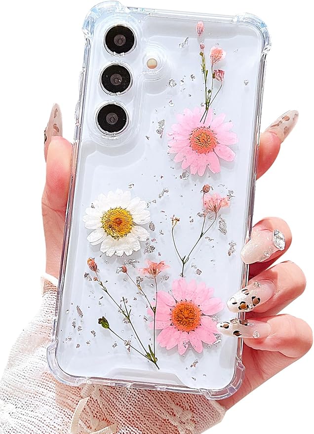 Compatible with Samsung Galaxy S24 Case Cute Pressed Dried Real Flowers Design Women Girly Shockproof Glitter Floral Clear Phone Cover S24 (Pink Flower)