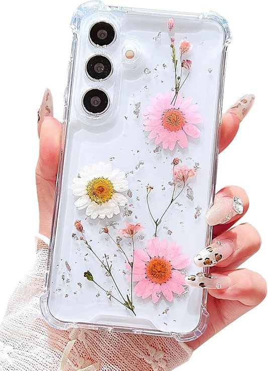 Compatible with Samsung Galaxy S24 Case Cute Pressed Dried Real Flowers Design Women Girly Shockproof Glitter Floral Clear Phone Cover S24 (Pink Flower)