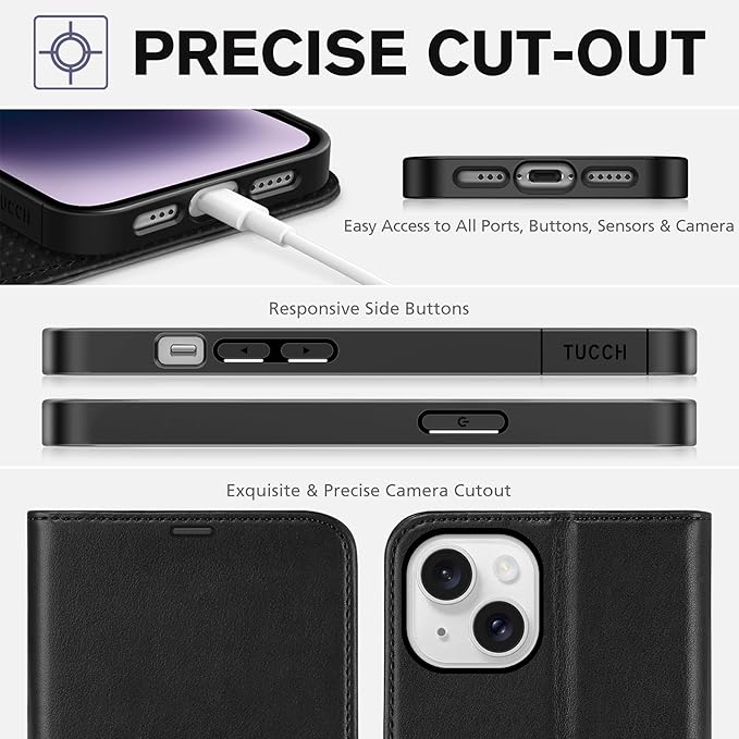 TUCCH Case Wallet for iPhone 14, [RFID Blocking] 4 Card Holder Stand [Shockproof TPU Interior Shell], PU Leather Magnetic Protective Flip Cover 6.1" 2022, Black