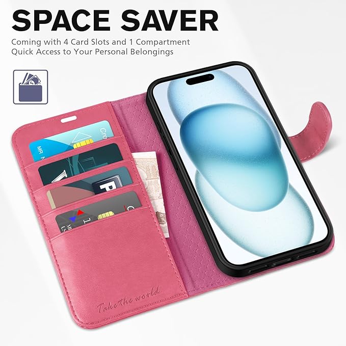 TUCCH Case Wallet for iPhone 15 6.1", Kickstand PU Leather Magnetic Protective Flip Cover with [RFID Blocking] [4 Card Slots] [TPU Interior Case] Compatible with iPhone 15 5G 6.1" 2023, Hot Pink
