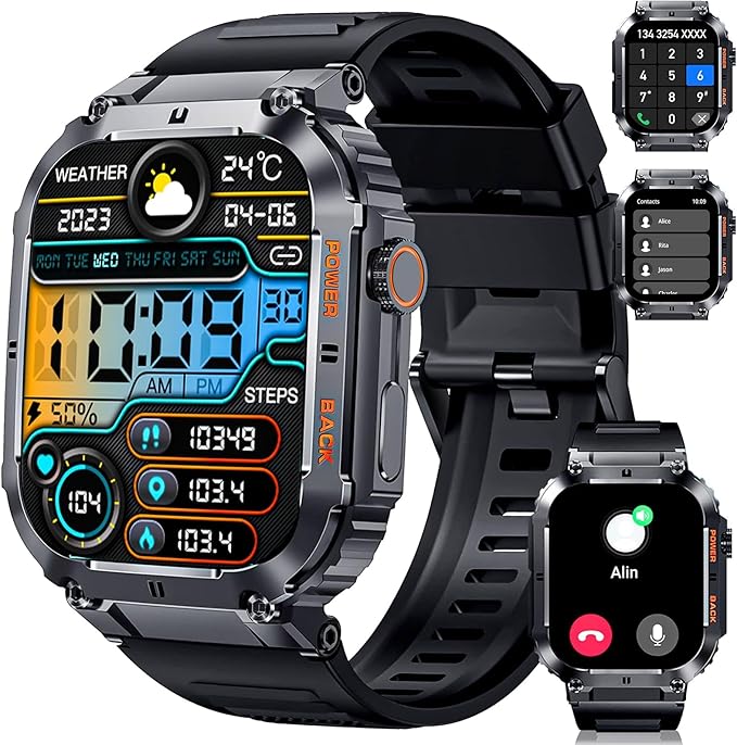 Smart Watch - 2 inch Rugged Smart Watch for Android Phones, 100M Waterproof, Bluetooth Call, 100+ Sports Modes, Ultra Long Battery Life