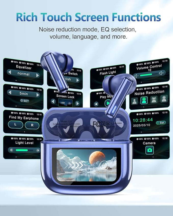 Wireless Earbuds Bluetooth Headphones, Ear Buds with Touch Screen, ANC ENC Noise Cancelling Transparency Mode, 40H Stereo Deep Bass, IPX7 Waterproof, Clear Calls, 5 EQ for iOS Android (Dark Blue)