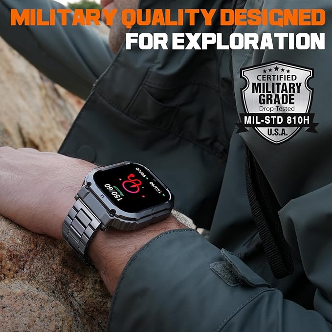 Smart Watch,100M Waterproof Rugged Military Smartwatch with Bluetooth Call(Answer/Dial Calls) 2-inch Utral Large HD Display 70 Days Extra Long Battery Life,100+ Sports Modes Fitness Tracker