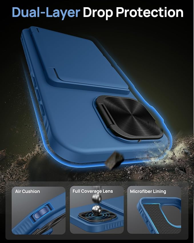 for iPhone 16 Case with Card Holder, Built-in Stand & Camera Lens Cover, Shockproof Rugged Silicone Raised Edge Protective Multifunctional Wallet Phone Case Cover for iPhone 16 6.1" 2024, Blue