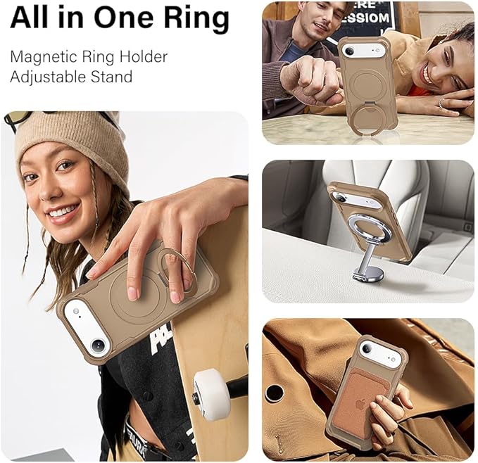 Designed for iPhone 17 Air Case with Magnetic Stand [Military Drop Protection][Compatible with Magnet] Shockproof 17 Air Phone Case with Ring Holder, Khaki