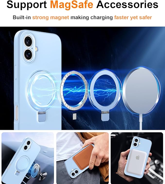ZHK Liquid Silicone Designed for iPhone 16 Plus Case with Magnet Stand, [Precise Camera Lens Protection][Mil-Grade Drop Shockproof][Soft Anti-Scratch Microfiber Lining] Slim Fit Cover,Baby Blue
