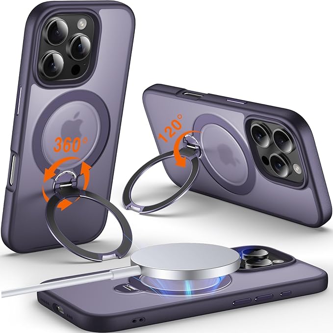 360° O-Ring MagStander for iPhone 16 Pro Case with Magnetic Kickstand Ring Holder [Compatible with MagSafe][360°Rotate Stand Ring][Military Shockproof] iPhone 16 Pro Phone Cover Matte Purple