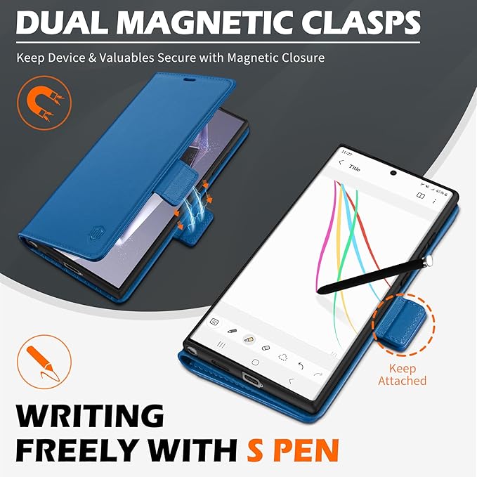 SHIELDON Case for Galaxy S25 Ultra 6.9", Genuine Leather Wallet RFID Blocking Card Holder Kickstand Magnetic Shock Absorbing Protective Case Compatible with Galaxy S25 Ultra - Nappa Sapphire Blue