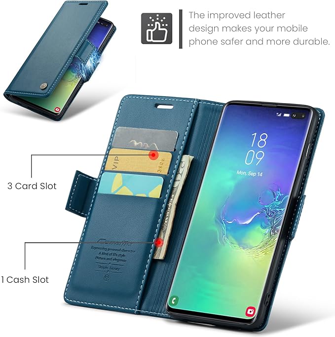 Case for Samsung Galaxy S10 Plus Wallet Case, RFID Blocking PU Leather Flip Folio Cover Card Holder Kickstand Shockproof Phone Case Compatible with Samsung Galaxy S10 Plus, Blue