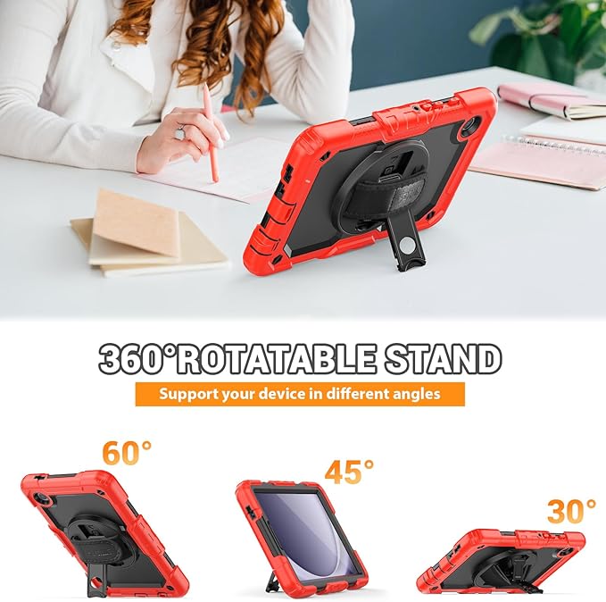 SEYMAC for Samsung Galaxy Tab A9 Case 8.7 Inch 2023 (SM-X110/X115/X117), Heavy Duty Shockproof Protective Case with Screen Protector, Rotating Stand, Hand/Shoulder Strap and Pen Holder, Red