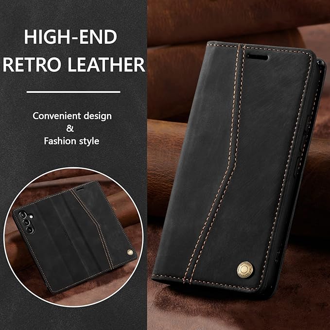 QLTYPRI Wallet Case for Samsung Galaxy S24, Vintage Folio PU Leather Purse Case with Card Slots Magnetic Closure Kickstand Flip Crashproof Phone Cover for Samsumg Galaxy S24 - Black