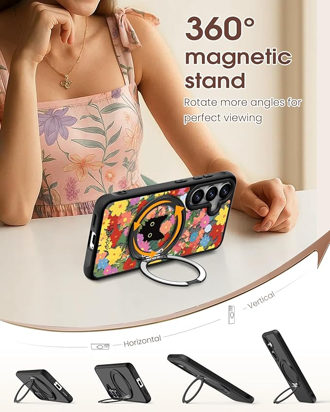 for Samsung Galaxy S25 Case with 360° Rotatable Magnetic Ring - Compatible with MagSafe, Semi-Transparent Soft-Touch Material Shockproof, Cute Black Cat & Flower Design for Women Girl