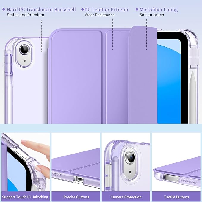 MoKo for iPad (A16) 11th Generation Case 11 Inch 2025, iPad 10th Generation Case 10.9 Inch 2022 with Pencil Holder, Slim Light Trifold Protective Cover with Hard PC Translucent Back Shell, Lilac