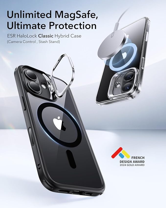 ESR for iPhone 16 Plus Case, Compatible with, Military-Grade Protective Case, Built-in Stash Stand Phone Case, Scratch-Resistant Back Cover, Classic Series, Clear Black
