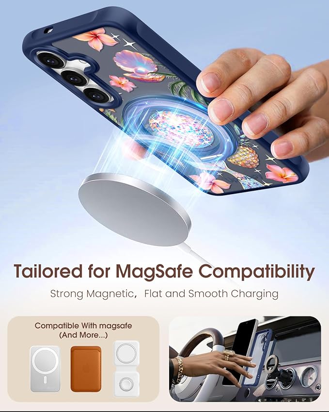 for Samsung Galaxy S25 Case with 360° Rotatable Magnetic Ring - Compatible with MagSafe, Semi-Transparent Anti-Fingerprint Soft-Touch Material Shockproof, Cute Y2K Design for Women Girl