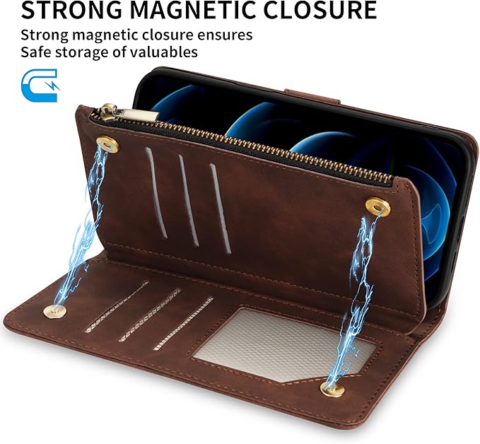 ZZXX for iPhone 12 Pro Max Wallet Case with Card Slot Premium Soft PU Leather Zipper Flip Folio Wallet with Wrist Strap Kickstand Protective for iPhone 12 Pro Max Case Wallet(Coffee 6.7 inch)