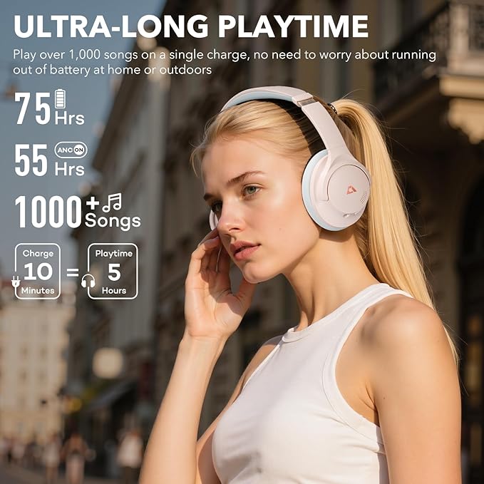 1Mii Y8+ Noise Cancelling Headphones Bluetooth, Wireless LDAC Hi-Res Audio, Custom EQ via App, 75H Playtime, Comfort Fit, Over Ear Headphones Foldable for Airplane Travel Home Office Beige Cyan