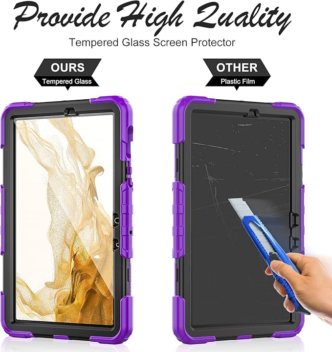 Case for Samsung Galaxy Tab S8/S7 11-inch 5G Tablet Case 2022/2020, [with 9H Tempered Glass Screen Protector], Rotating Kickstand, Hand & Shoulder Strap, S Pen Holder (Purple)