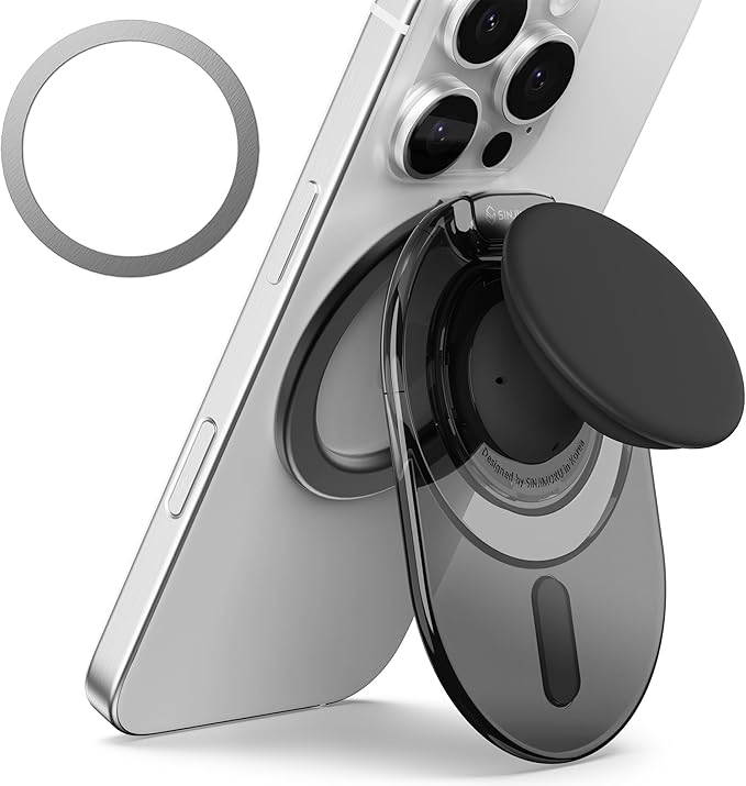 Sinjimoru Phone Grip Stand, Compatible with MagSafe, Adaptor Ring Included, 3000G Kickstand for iPhone 17/16/15/14/13. M-Tap Tok Stand Clear Black