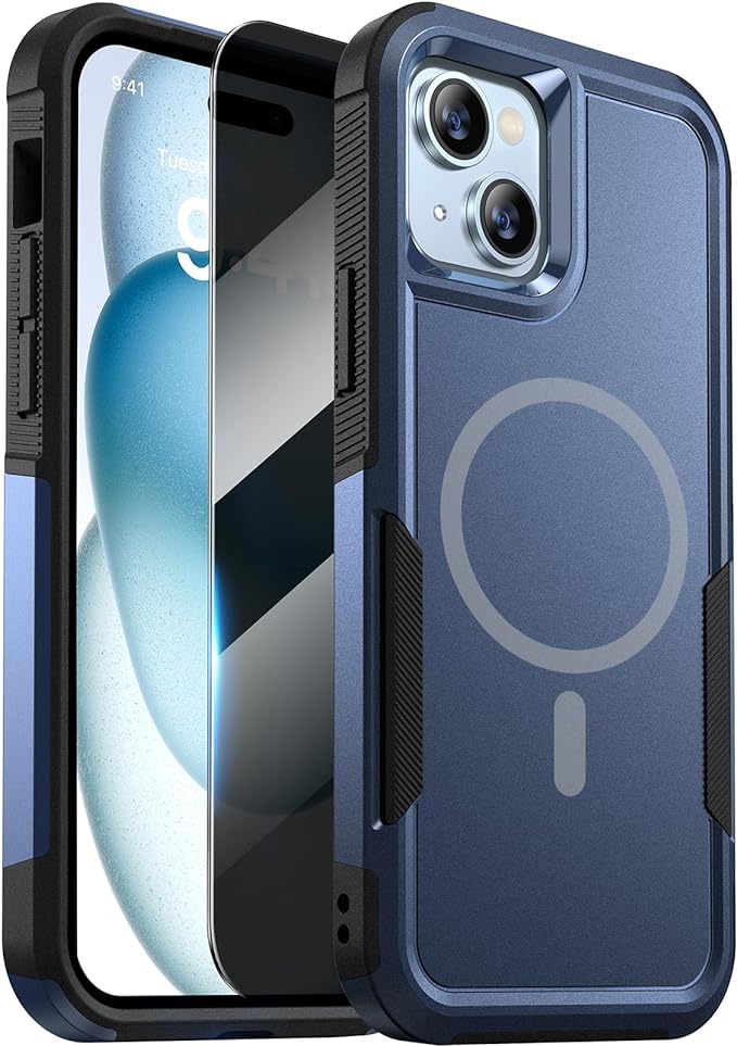Diaclara Designed for iPhone 15 Case with Magnetic Ring, [with Privacy Screen Protector] [Anti Spy] [Military Grade Drop Protection] Heavy Duty Full-Body Shockproof Phone Case, Blue