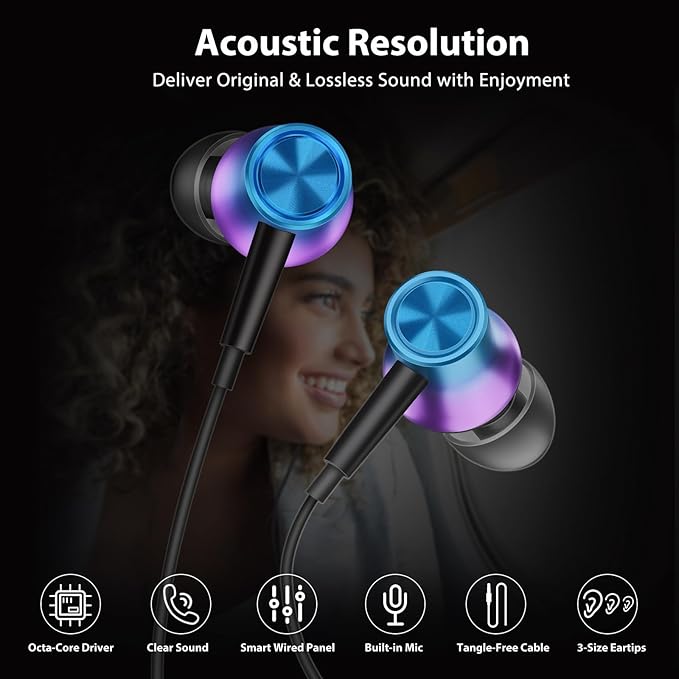 Jiunai 3.5mm Wired Earbuds Headphones School in Ear Built-in Mic Track Control Magnetic Noise Isolated Stereo S M L Ear Tips Tangle Free Earphone for iPhone iPad Android Tablet Travel Gradient Purple
