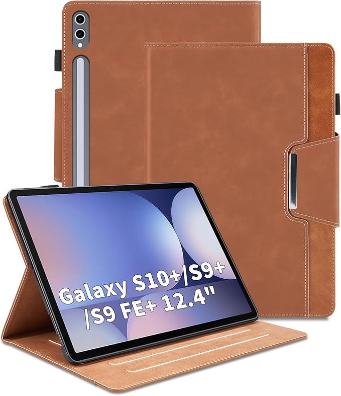 Case for Samsung Galaxy Tab S10 Plus/S9 FE Plus/S9 Plus 12.4 Inch - Multi-Angle Viewing Stand Cover with Pocket, PU Leather Folio Case with Magnetic Clasp, Auto Wake/Sleep Smart Tablet Cover, Brown
