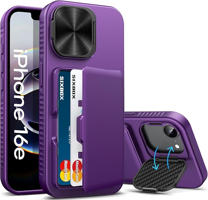 for iPhone 16e Case, Built-in Credit Card Holder & Stand & Lens Cover, Military Grade Drop Tested Soft Silicone Edge Rugged Protective Wallet Phone Case for iPhone 16e 6.1" 2025, Purple