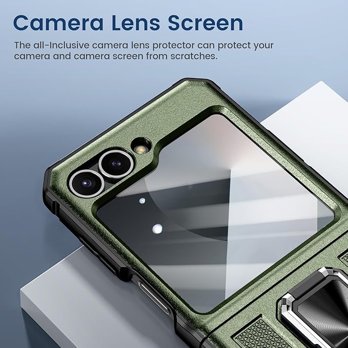 VEGO for Z Flip 6 Case with Hinge Protection, for Samsung Z Flip 6 Case with 360° Rotatable Ring Kickstand & Built-in Screen Protector & Belt Clip Holster Shockproof Cover - Dark Green