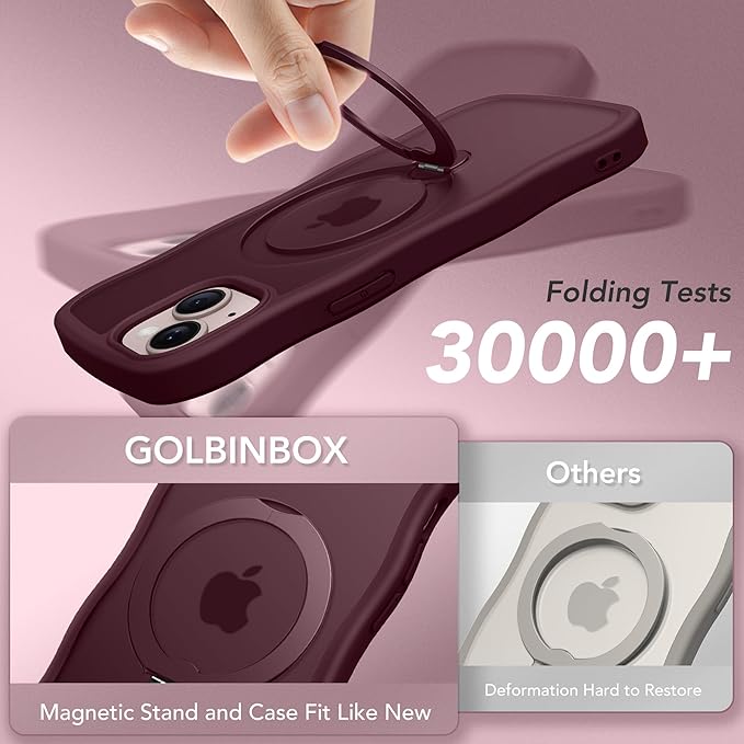 for iPhone 13 Case & iPhone 14 Case for Women,[Compatible with Magsafe][360° Spin Magnetic Stand][Cute Wave Edge][Military-Grade Protection]Translucent Matte Phone case for iPhone 13/14, Wine Red