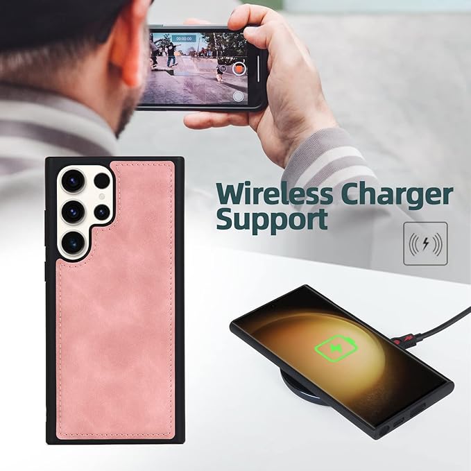 TwoHead for Samsung Galaxy S23 Ultra Wallet Case with Card Holder, PU Leather Detachable Magnetic Phone Case for S23 Ultra 6.8 in(Dream Pink)