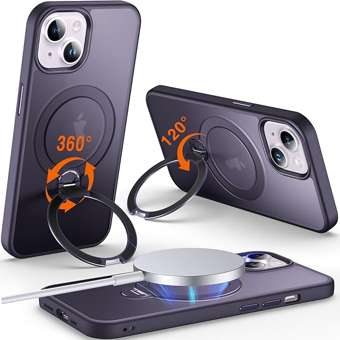 360° O-Ring MagStander for iPhone 13 Case, iPhone 14 Case with Magnetic Stand Ring Holder [Compatible with MagSafe][15FT Military Shockproof] Kickstand iPhone 13/14 Phone Cover Matte Purple