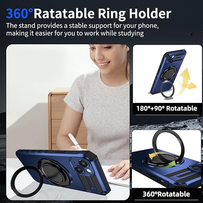 Magnetic for iPhone 15 Case Compatible with MagSafe Wireless Charging,15 Phone Case with 2 Screen Protectors,Built-in Kickstand Ring Military Grade Drop Shockproof Heavy Duty Protection Blue