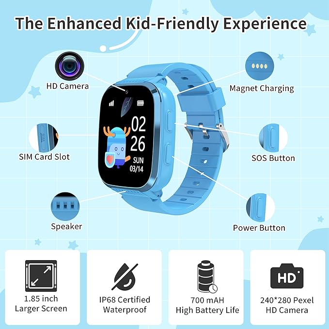 4G Kids Smart Watch Boys with GPS Tracker Video Calling Texting, Waterproof Smartwatches Age 5-13, One-Key SOS Call Voice Chat Cell Phone Watch with Alarm Clock Game HD Camera (Blue)