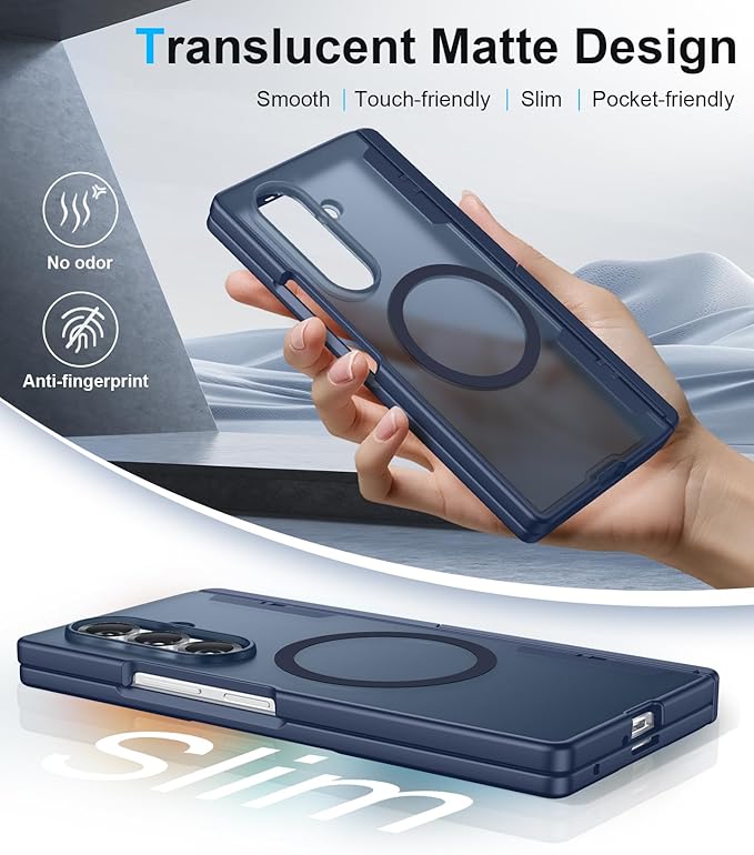 Temdan Magnetic for Samsung Galaxy Z Fold 7 Case,[Compatible with MagSafe][Built-in HD Screen Protector&Invisible Kickstand][Hinge Protection]Translucent Matte Shockproof Phone Case for Z Fold 7,Blue