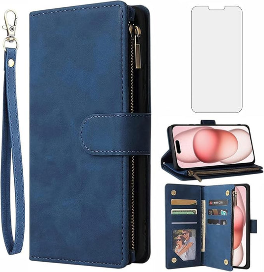 Asuwish Compatible with iPhone 15 6.1 inch Wallet Case Tempered Glass Screen Protector and Leather Flip Cover Card Holder Stand Cell Phone Cases for iPhone15 5G i i-Phone i15 15Case Women Men Blue