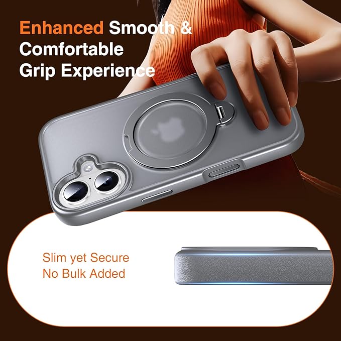 360° O-Ring MagStander for iPhone 16 Case with Magnetic Kickstand Ring Holder [Compatible with MagSafe][360°Rotate Stand Ring][Military Shockproof] Magnet iPhone 16 Phone Cover Matte Grey