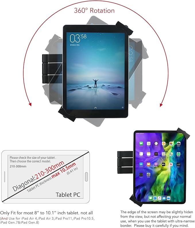 Tablet Wall Mount, Adjustable Arm Swivel, Anti-Theft Security Lock & Key, Foldable, 360 Rotating, Black