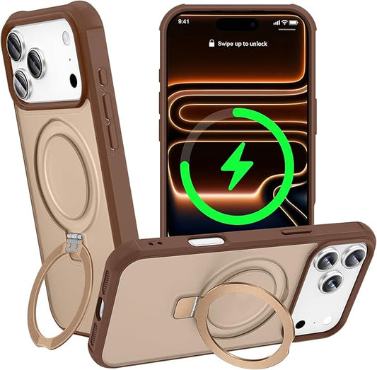 Magnetic Compatible with iPhone 17 Pro Case with Stand [Military Grade Drop Tested][Compatible with Magnet] Ring Translucent Slim Hard Back Soft Edge, Desert Gold