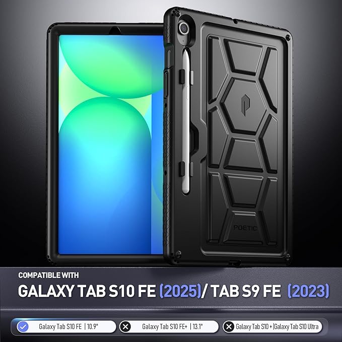 Poetic TurtleSkin Case for Samsung Galaxy Tab S10 Lite/Tab S10 FE/Tab S9 FE | Fan Edition 10.9 inch Case with S Pen Holder, Heavy Duty Shockproof Kids Friendly Protective Silicone Cover, Black