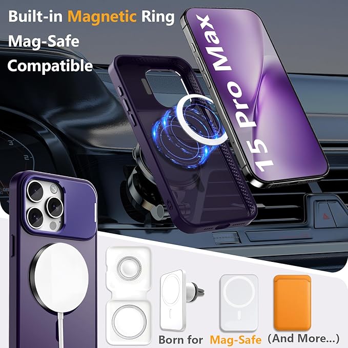 Innaght Magnetic for iPhone 15 Pro Max Case with Stand,Compatible with MagSafe,Rugged,Heavy Duty,Protective Case Kickstand,[Built-in Invisible Stand],Purple