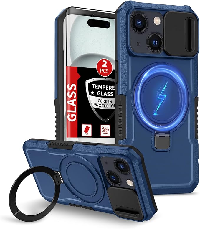 for iPhone 15 Plus Case Compatible with MagSafe Wireless Charging Magnetic for 15 Plus Case with 2 Screen Protector,Built-in Kickstand & Camera Cover Shockproof Heavy Duty Protection Blue