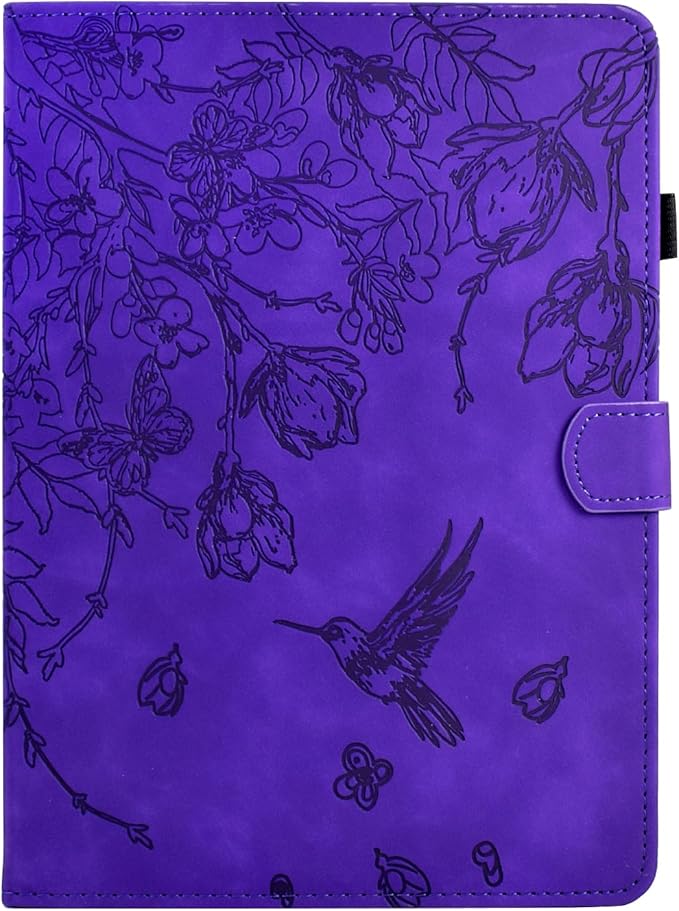 KEROM Case for Samsung Galaxy Tab A9+ Plus 11 Inch 2024 2023 (SM-X210/X216/X218), Embossed Suede Leather Folio Stand Cover with Auto Wake/Sleep & Card Slot & Pen Holder - Purple Bird Flower Embossing