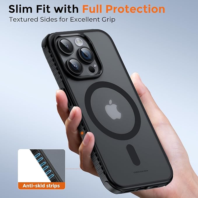 UNBREAKcable Magnetic Case for iPhone 14 Pro Max, [Compatible with MagSafe] [Military Grade Shockproof] [Non-Slip] Translucent Matte Back& Soft Silicone Airbag Bumper for Apple 6.7inch – Black