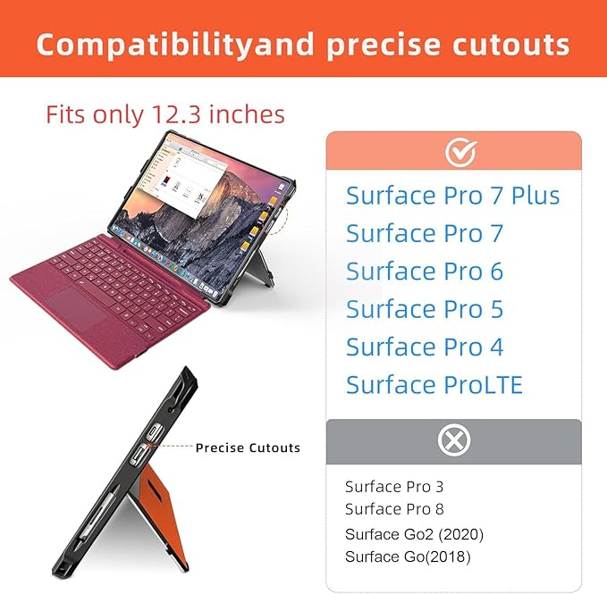 Case for 12.3" Microsoft Surface Pro 7+/7/6/5/4/Pro LTE Protective Rugged Cover Case, with Stylus Pen Holder and Hand Strap, Compatible with Type Cover Keyboard, Orange-red